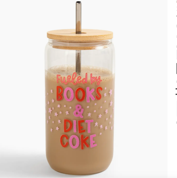 fueled by books and diet coke glass can